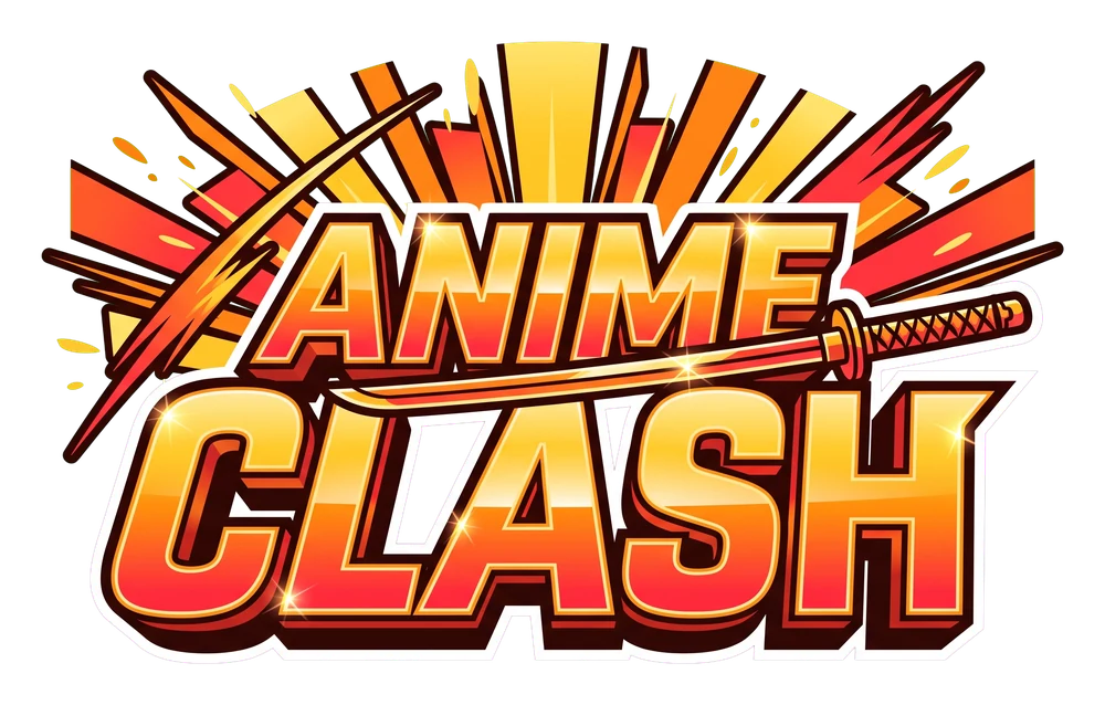 Anime style game logo: ANIME CLASH, a two-tier extruded wordmark with a katana and an energy burst, on a transparent background