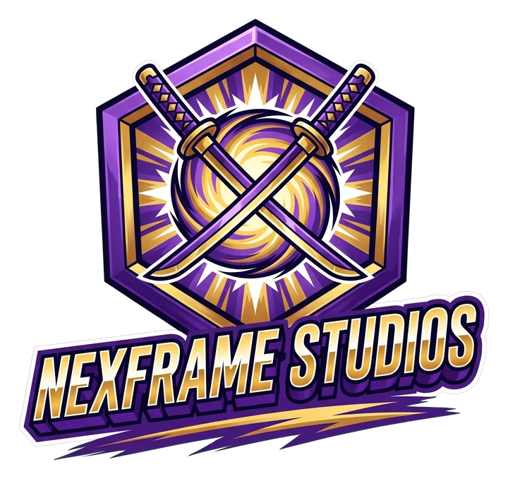 Anime style studio logo: a purple and gold hexagon crest with two crossed katanas and the name NEXFRAME STUDIOS, on a transparent background
