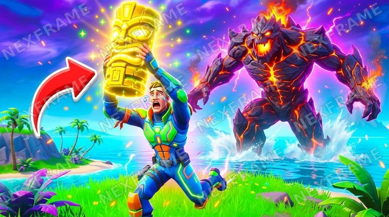 Fortnite-style thumbnail: a generic hero in a green suit lifting a glowing tiki idol as a lava monster leaps out of the sea