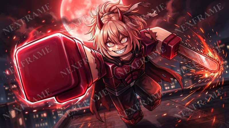 Roblox anime thumbnail: a horned, grinning avatar with a sawblade sword lunging out of the frame with a glowing red block fist, under a red moon over a night city