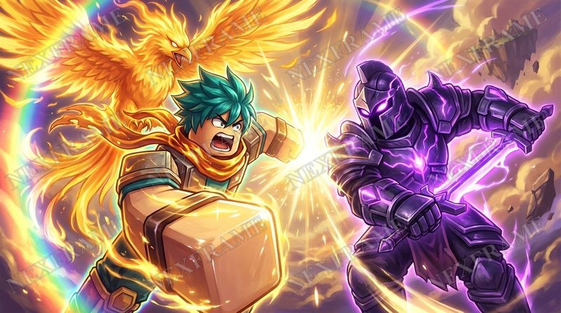Roblox anime versus thumbnail: a green-haired avatar with a golden phoenix clashing with a purple armored knight, their attacks meeting in a bright burst