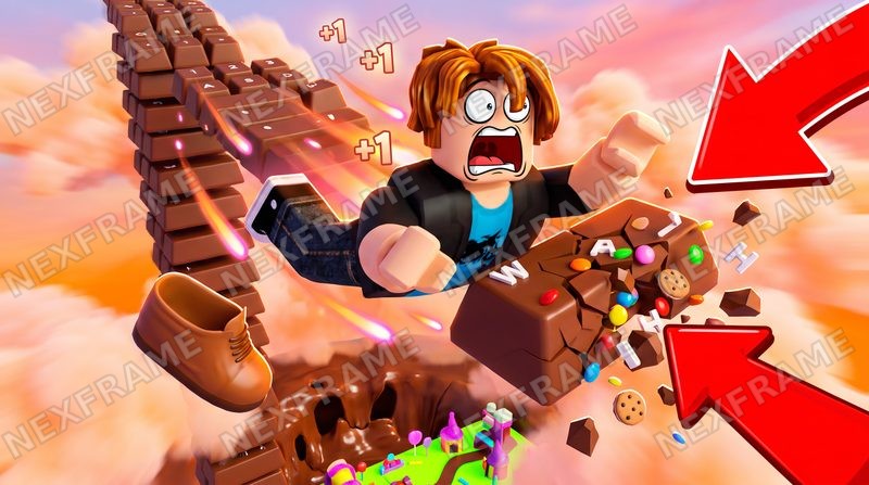 Roblox thumbnail: a screaming avatar smashing through a wall of chocolate bars, two red arrows pointing at the impact