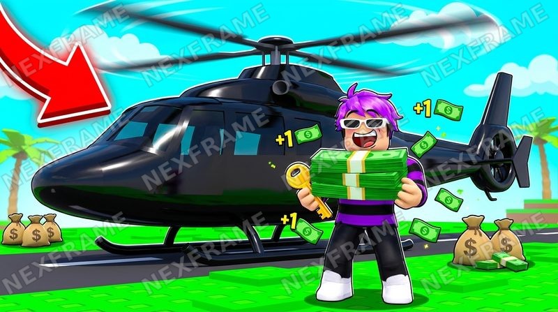 Roblox thumbnail: an avatar in sunglasses holding a stack of cash and a key next to a black helicopter, +1 money pop-ups