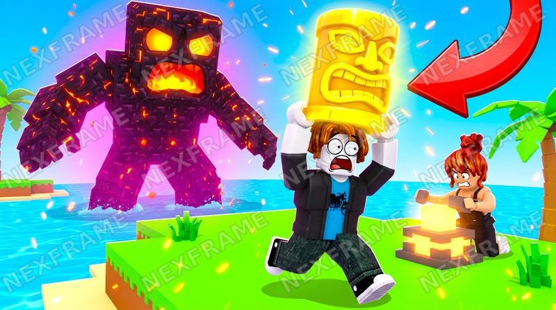 Roblox survival thumbnail: a panicked avatar running with a golden tiki idol while a lava golem rises behind, red arrow