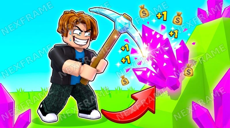 Roblox mining simulator thumbnail: a grinning avatar swinging a pickaxe at a pink crystal, +1 pop-ups and money bags flying out