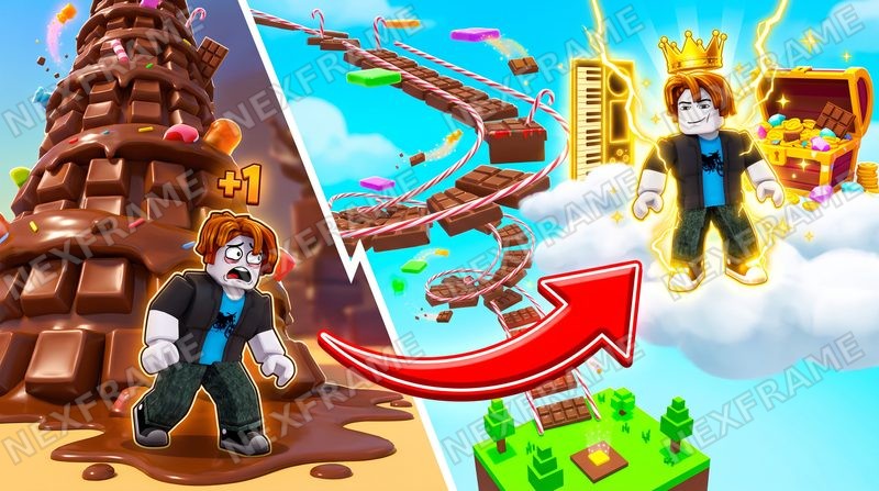 Roblox obby thumbnail: a scared avatar at the foot of a melting chocolate tower, a red arrow pointing to a crowned avatar and a treasure chest at the end of a sky path