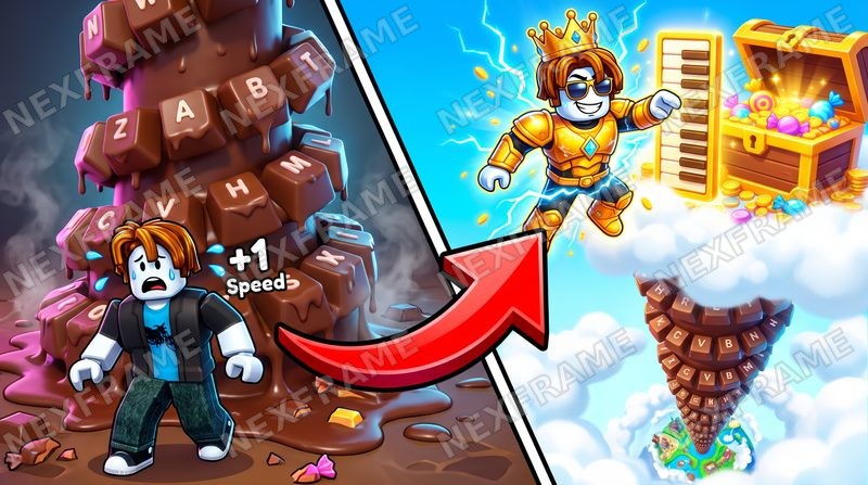 Roblox thumbnail: a worried avatar on a chocolate keyboard tower with a +1 Speed pop-up, a red arrow pointing to a golden crowned avatar flying toward treasure
