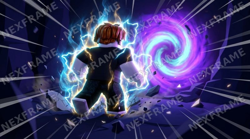 Roblox thumbnail in the "Anime" style: an avatar crackling with lightning in front of a purple portal, speed lines