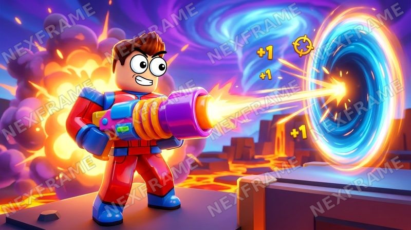 Roblox thumbnail in the "Blaster Action" style: an avatar firing a blaster at a portal over a lava field