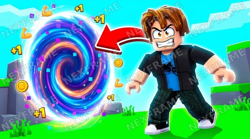 Roblox thumbnail in the "Default / High-CTR" style: an angry avatar charging at a glowing portal, +1 pop-ups and a red arrow