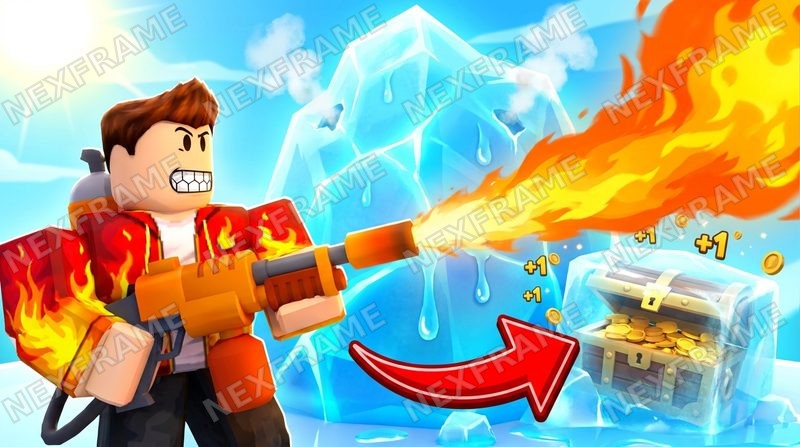 Roblox thumbnail in the "Ice vs Fire" style: an avatar with a flamethrower melting an iceberg with a treasure chest frozen inside