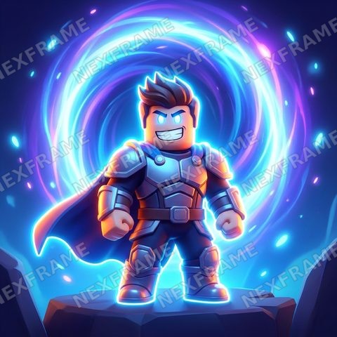 Roblox thumbnail in the "Icon (1:1)" style: a caped, armored avatar in front of a portal, in a square frame