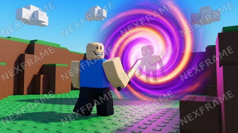 Roblox thumbnail in the "Meme Creature / Cohesive Scene" style: a blocky avatar walking into a swirling portal in a grassy world