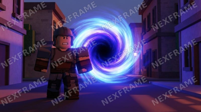 Roblox thumbnail in the "Roleplay Story / Big Face" style: an avatar standing in a town street at dusk in front of a glowing portal