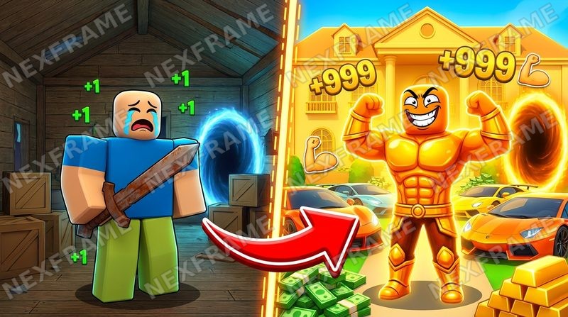 Roblox thumbnail in the "Comparison / Versus" style: a crying noob with a sword in a shack on the left, a golden muscular avatar with +999, cash and sports cars on the right