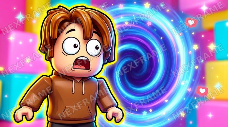 Roblox thumbnail in the "YouTube Thumbnail" style: a big shocked avatar face in front of a portal
