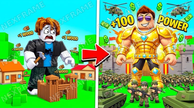 Roblox tycoon thumbnail, split screen: a worried avatar collecting +1 wood next to a wooden fort, an arrow to a golden armored avatar with +100 Power and an army